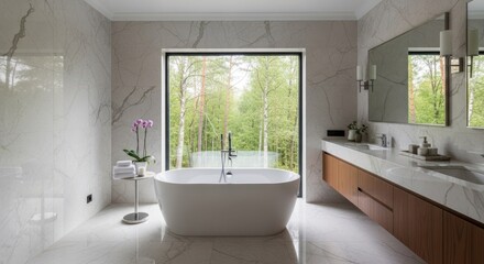 Luxurious modern bathroom features a white tub, marble surfaces, and forest view