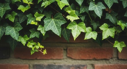 Green leaves with water droplets hang from above partially covering a reddish-brown brick wall The leaves display distinct veins and varying shades of green