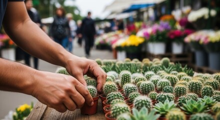Hands arrange small potted cacti and succulents on a wooden display in an outdoor plant market setting