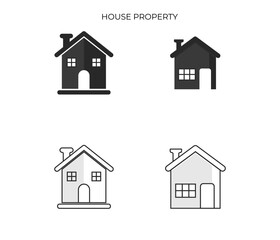 This icon depicts a simple, pitched-roof house with a chimney, windows, and a door, shown in both solid (filled) and outline styles.