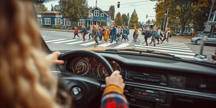 Disciplined driver stops the car at a crosswalk, allowing pedestrians to cross safely, demonstrating responsibility and respect for road safety