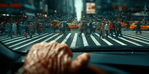 Disciplined driver stops the car at a crosswalk, allowing pedestrians to cross safely, demonstrating responsibility and respect for road safety