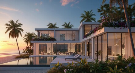 Fototapeta premium Modern beachfront multi-story house with infinity pool lush plants palm trees and ocean view at sunset