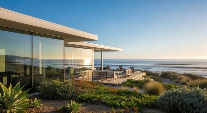 Modern beachfront residence featuring extensive glass walls reflecting a serene ocean sunset An outdoor deck with lounge seating overlooks coastal vegetation and gentle waves - Powered by Adobe