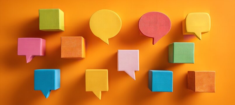 Vibrant speech bubbles and cubes create a dynamic visual for communication ideas and teamwork concepts