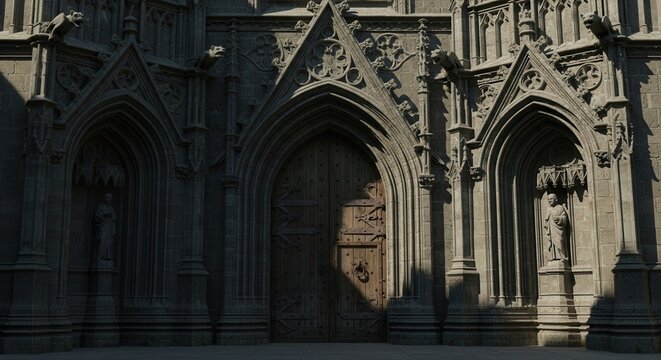 Ornate stone facade with three gothic portals detailed carvings gargoyles statues and a grand wooden door highlighted by diagonal sunlight
