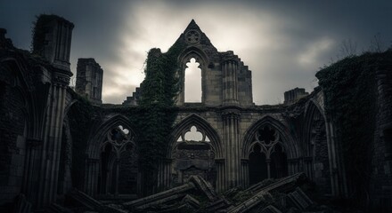 Obraz premium Overgrown stone ruins feature gothic arches and tall columns against a gloomy sky Crumbling walls and scattered debris complete the desolate scene