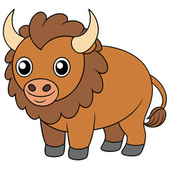 Cute cartoon bison stands isolated on white background