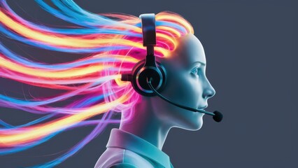 Dynamic headset communication with vibrant colorful streams expressing connectivity and support, perfect for modern tech, customer service, and innovation