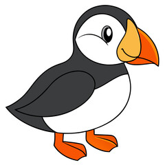 Cartoon puffin with black, white, and orange plumage stands