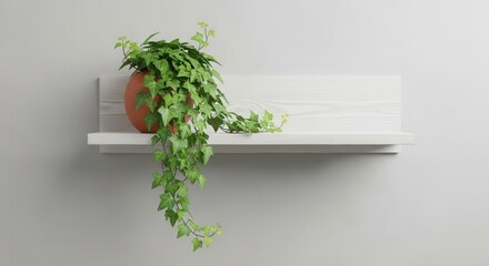 Potted ivy plant on a light wooden shelf against a plain grey wall