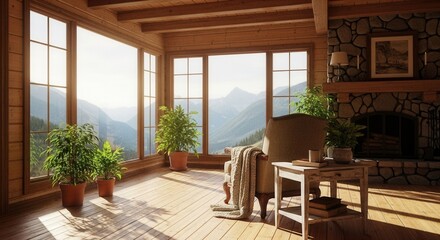 Fototapeta premium Rustic room with large windows showcasing a mountain view wooden interior stone fireplace armchair side table and potted plants in sunlight