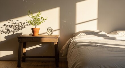 Sunlight illuminates a potted plant and an alarm clock on a wooden table next to a bed in a bedroom Dust particles float in the bright rays
