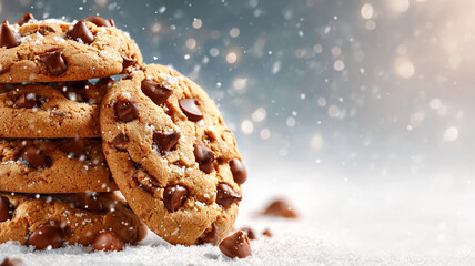Chocolate chip cookies on a Christmas background. Christmas promotional photo of chocolate chip cookies.