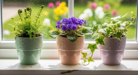 Fototapeta premium Three potted plants sit on a white window sill a fern a purple-flowered plant and ivy against a rainy window overlooking a garden