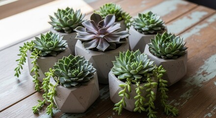 Various succulent plants in distinct geometric concrete pots are arranged on a distressed wooden surface illuminated by soft natural light Some succulents have trailing stems