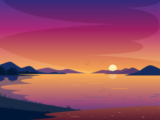 Lake mountain landscape background evening sky sunset flat illustration design