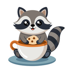 cute raccoon sitting in a tea cup with a cookie
