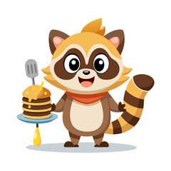 funny raccoon with a stack of pancakes and syrup
