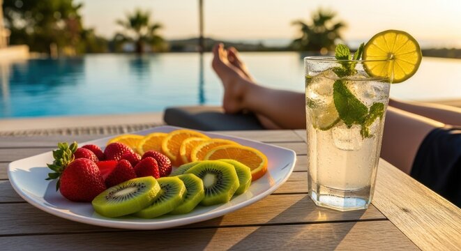 Refreshing tropical fruit platter and chilled mint cocktail served poolside at a luxurious resort during golden hour sunset, embodying relaxation and vacation bliss. - Powered by Adobe