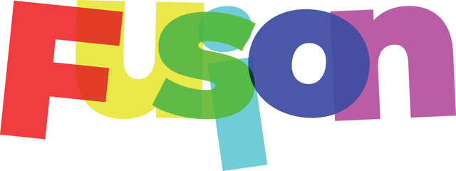 Fusion lettering in vibrant overlapping transparent colors on a white background