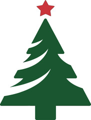 Simple dark green christmas tree with a red star on transparent background silhouette