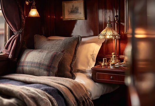 Luxurious vintage train sleeper cabin offers cozy comfort with warm lighting and plush bedding for ultimate relaxation