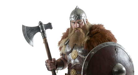 Warrior with Battle Axe and Shield on White Background