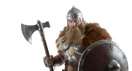 Warrior with Battle Axe and Shield on White Background