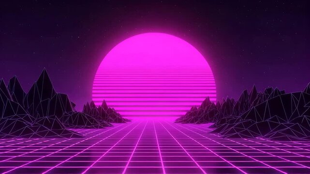 Retro synthwave sunset with a neon grid landscape and silhouetted mountains under a purple sky