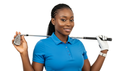 Woman Holding a Golf Club, Smiling, Portrait, Studio Shot, Isolated on White