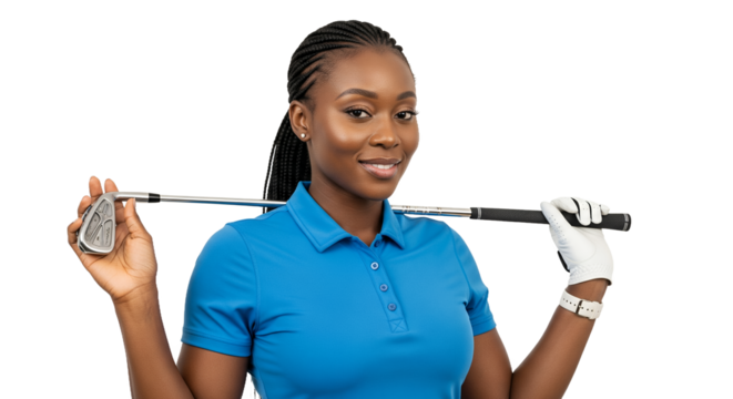 Woman Holding a Golf Club, Smiling, Portrait, Studio Shot, Isolated on White