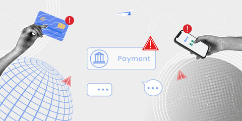 A trendy halftone collage. Payment fraud warning. Credit card and mobile device security. Concept of fraud, phishing, and cyber threats in financial transactions.
