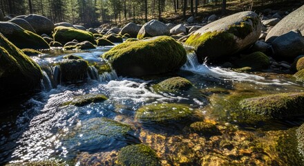 Sunlight glimmers on a clear forest stream, cascading over vibrant green moss-covered rocks, creating a serene natural landscape.