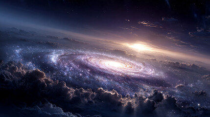 Naklejka premium Stunning spiral galaxy in a dreamy cosmic landscape, featuring stars, nebulae, and fantasy universe elements. Perfect for space, astronomy, or sci-fi concepts.