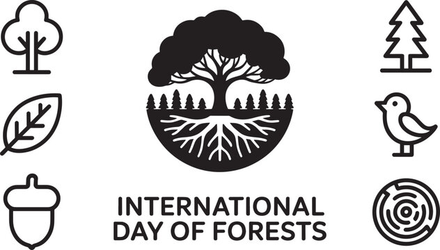 International Day of Forests celebration symbols with a tree in a bowl and forest elements