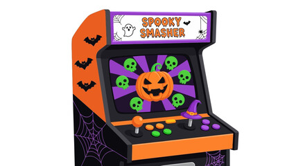 Obraz premium Retro Spooky Smasher Arcade Game Machine with Pumpkin and Skull Graphics for Halloween