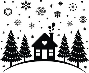 Obraz premium Winter landscape with house trees and snowflakes on transparent background silhouette