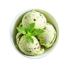 Delicious mint chocolate chip ice cream in a white bowl overhead shot