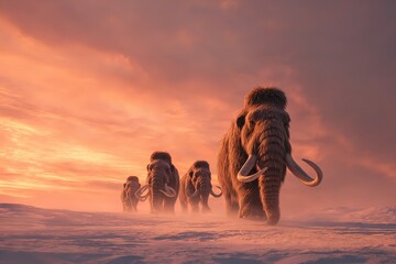 Majestic woolly mammoths traverse a serene snow-covered landscape at sunset