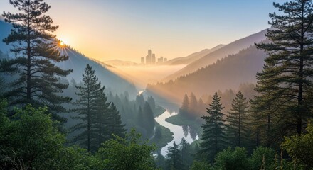 Panoramic view of a serene valley at sunrise, with a winding river, dense pine forests shrouded in mist, and a distant city skyline silhouetted against the golden, ethereal light.
