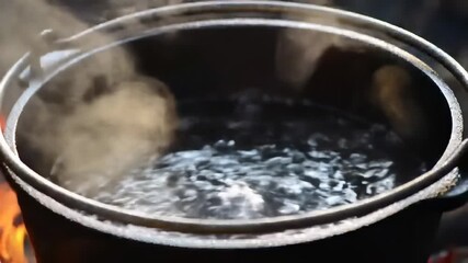 Boiling Water in a Pot Over Fire Camp Cooking