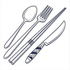 Hand-Drawn Spoon, Fork, Knife, and Chopsticks