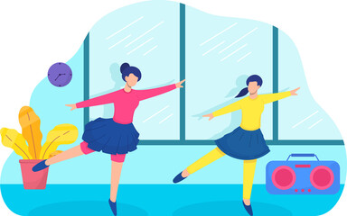 Two Women in Colorful Outfits Dancing in a Studio with Large Windows and a Transparent Background Vector Illustration