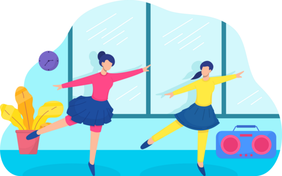 Two Women in Colorful Outfits Dancing in a Studio with Large Windows and a Transparent Background Vector Illustration