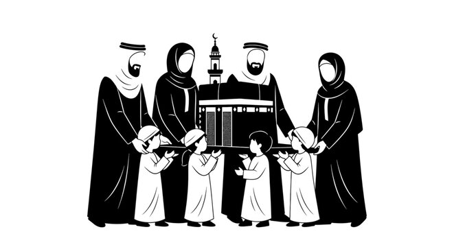 Muslim family carrying a model of the Kaaba a symbol of Islam together.