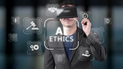 A businessman wearing a virtual reality headset engages in a discussion about AI ethics in a modern office, surrounded by futuristic digital graphics and technology concepts. Raster - Powered by Adobe