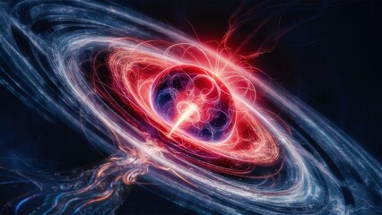 Stunning cosmic explosion with vibrant red and blue energy swirling around a central point, a dynamic modern design for science and technology concepts