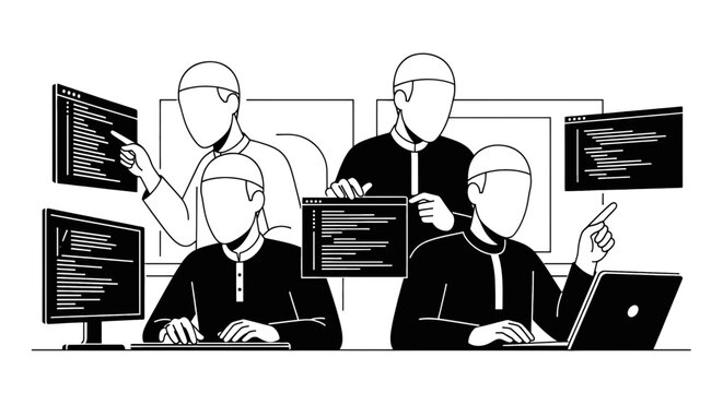 Team of programmers working on software development and coding.
