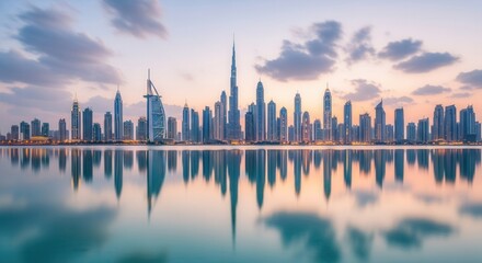 Obraz premium A cityscape of numerous modern towers by a serene body of water with their reflections visible beneath a soft colorful sky at twilight
